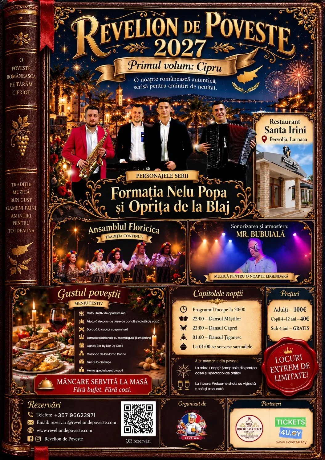 New Year Eve 2027 Pervolia event poster featuring Romanian musicians, folk dancers, fireworks, and the Santa Irini venue