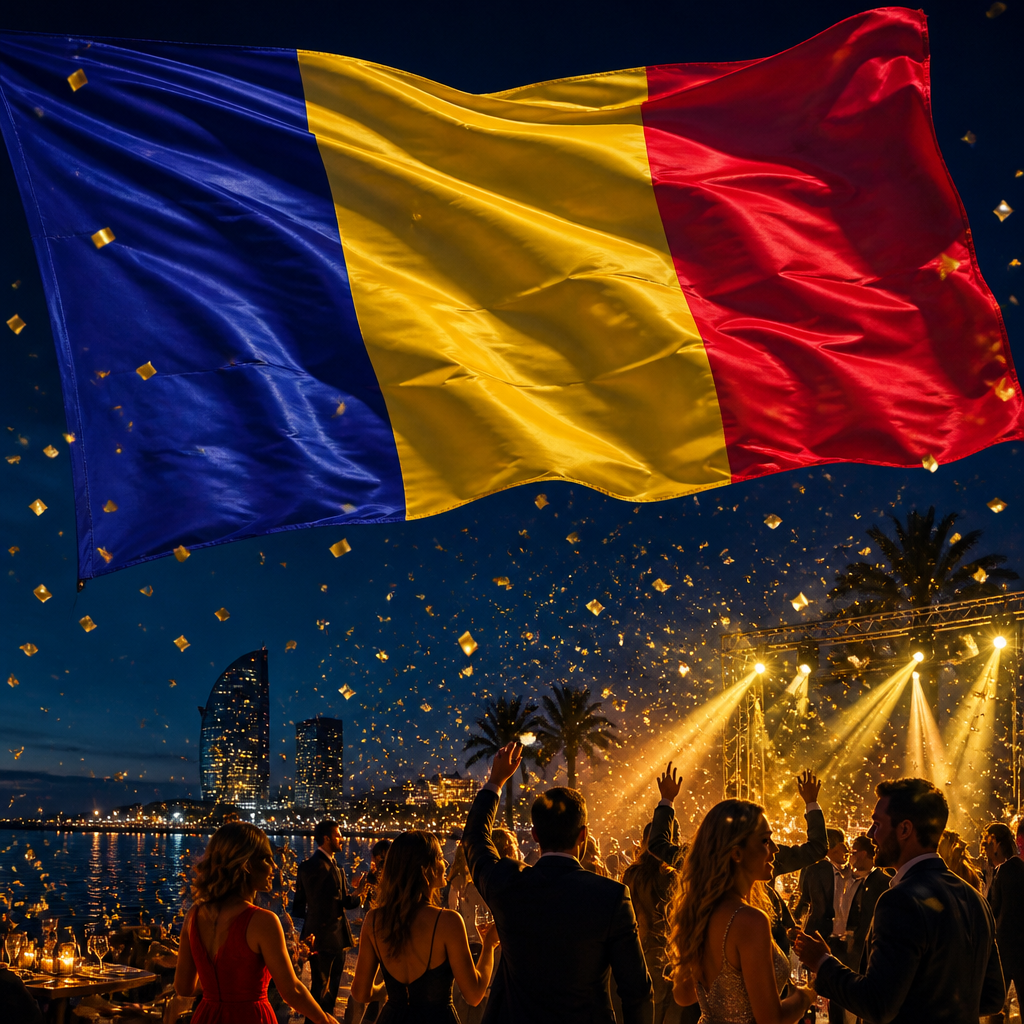 Romanian blue, yellow, and red flag above a festive party at night